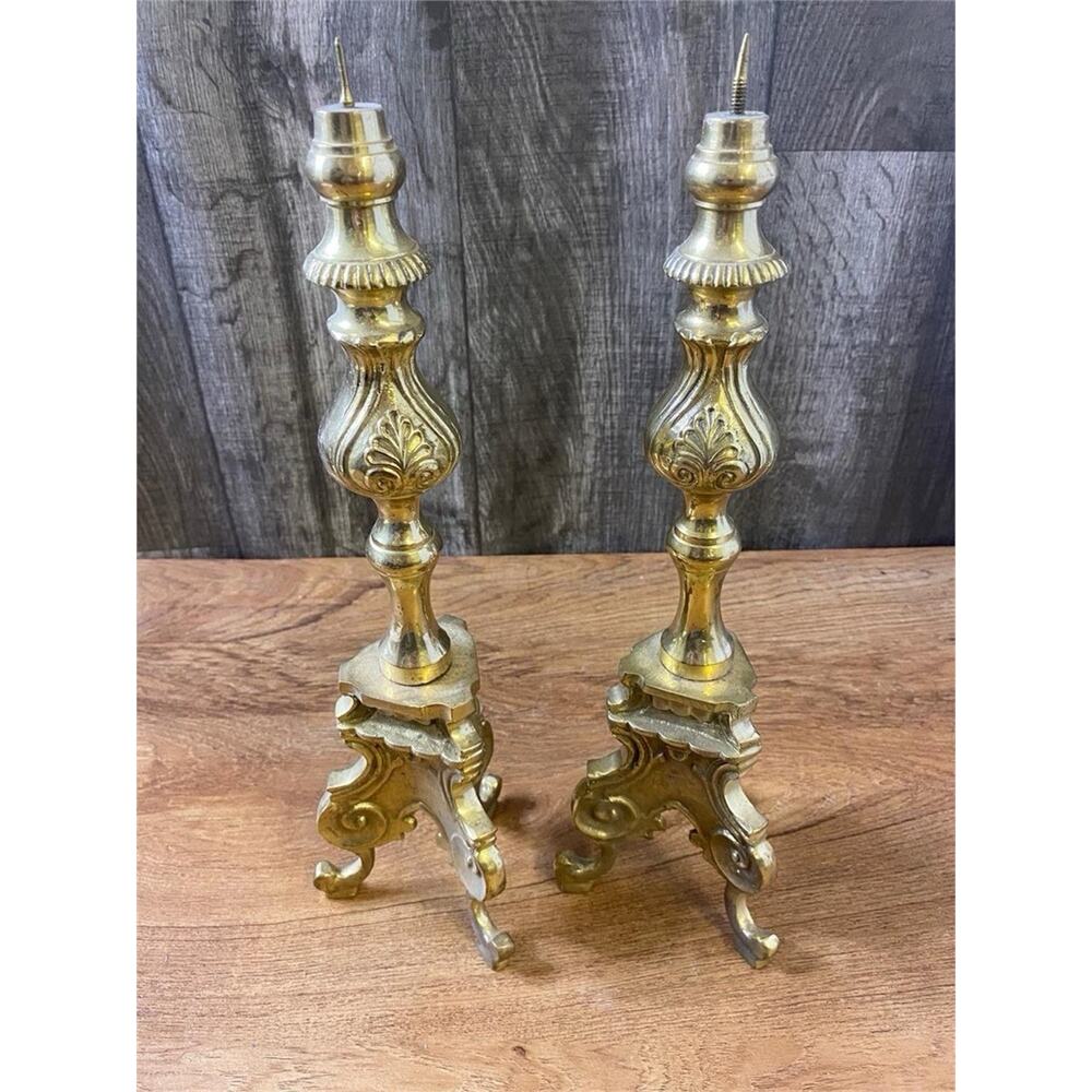 Pair of two 15” antique brass candlesticks - Neoclassical Altar Footed Ornate
